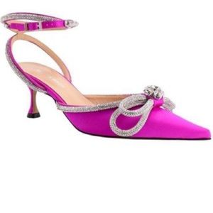 Hot pink mid heel satin & crystal heels